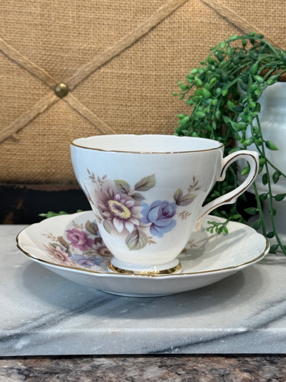 Royal Sutherland Teacup & Saucer - Purple Floral
